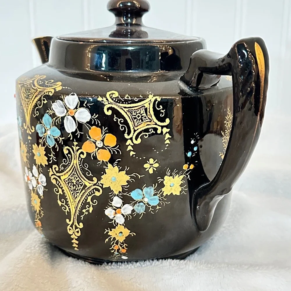 Vintage Hague Teapot Dark Hand Painted Floral Made in England Cottagecore Glazed